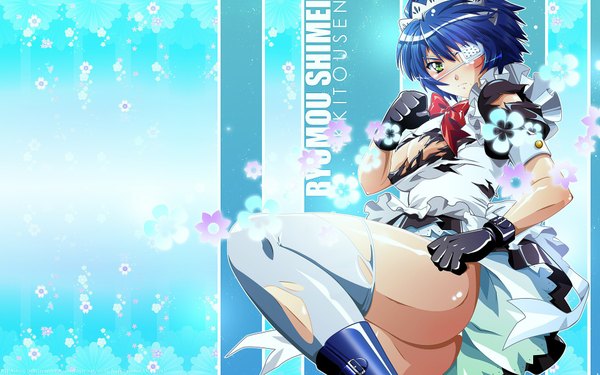 Anime picture 1920x1200 with ikkitousen ryomou shimei single blush highres short hair light erotic wide image green eyes blue hair ass maid torn clothes girl thighhighs gloves white thighhighs headdress maid headdress eyepatch