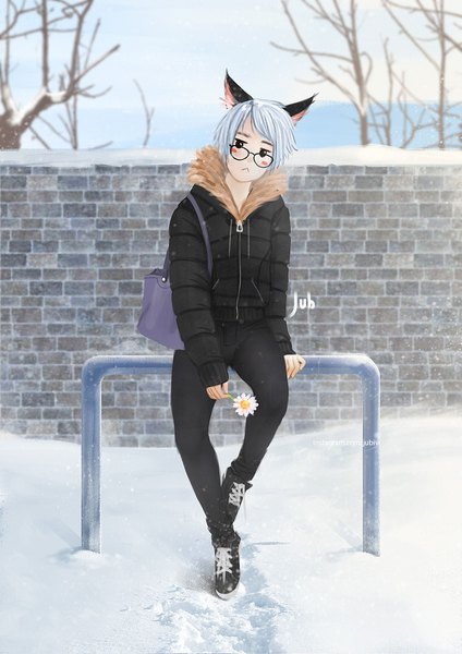 Anime picture 1191x1684 with original lizha (jubi) jubi (regiana) single tall image looking at viewer short hair sitting signed animal ears silver hair full body black eyes cat ears fur trim winter snow bare tree brick wall :<