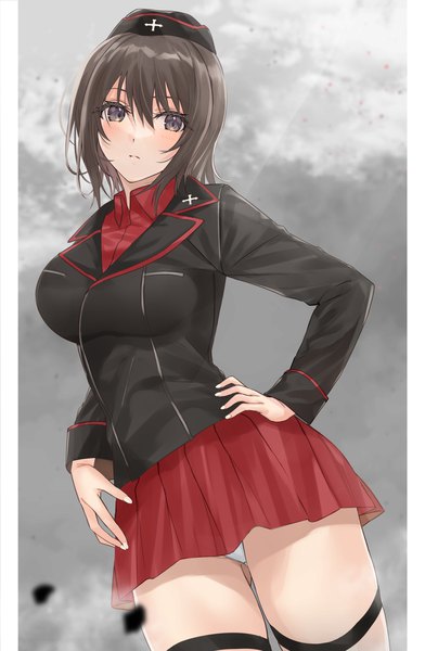 Anime picture 1236x1892 with girls und panzer nishizumi maho mexif single tall image fringe short hair light erotic hair between eyes brown hair standing looking away pleated skirt from below pantyshot hand on hip pillarboxed girl skirt underwear