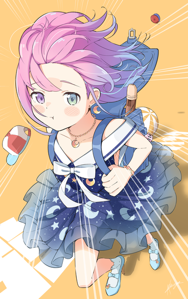 Anime-Bild 2664x4245 mit vocaloid virtual youtuber hololive kyoufuu all back (vocaloid) himemori luna himemori luna (3rd costume) akichazuke single tall image looking at viewer highres simple background green eyes pink hair full body pink eyes from above wind high heels heterochromia