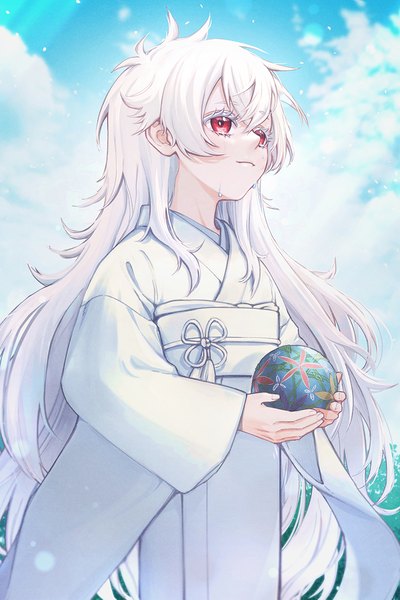 Anime-Bild 800x1200 mit summertime render haine (summertime render) koban7513 single long hair tall image red eyes standing looking away sky cloud (clouds) white hair traditional clothes japanese clothes tears albino girl kimono obi ball