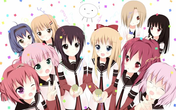 Anime picture 1600x1000 with yuru yuri doga kobo toshinou kyouko akaza akari yoshikawa chinatsu funami yui sugiura ayano oomuro sakurako furutani himawari ikeda chitose matsumoto rise nishigaki nana rino (monochrome rino) long hair blush short hair open mouth blue eyes black hair blonde hair