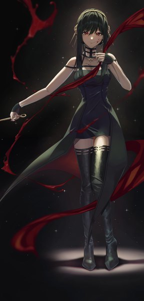 Anime picture 1919x3995 with spy x family yor briar suzu (user kdex8732) single long hair tall image fringe highres black hair hair between eyes red eyes standing full body sleeveless blood on face knees touching girl dress boots black dress