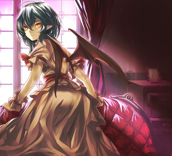 Anime picture 1200x1091 with touhou remilia scarlet eredhen single looking at viewer red eyes blue hair ahoge looking back pointy ears from behind bat wings no hat girl wings window curtains