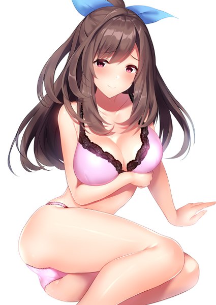 Anime picture 1771x2500 with idolmaster idolmaster shiny colors tsukioka kogane cocona (coconacafe) single long hair tall image looking at viewer blush fringe highres breasts light erotic simple background smile hair between eyes red eyes brown hair large breasts white background
