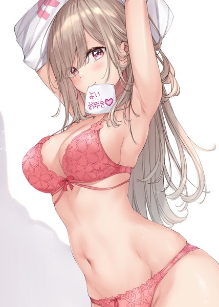 Anime picture 1008x1413 with original wing (aiastor) single long hair tall image fringe breasts light erotic simple background blonde hair large breasts white background holding pink eyes arms up armpit (armpits) underwear only mouth hold groin new year