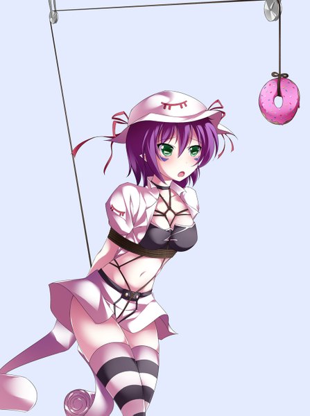 Anime picture 1000x1341 with yumekui merry merry nightmare maullarmaullar single tall image blush short hair light erotic simple background green eyes purple hair pointy ears blue background bondage girl thighhighs navel miniskirt food headdress