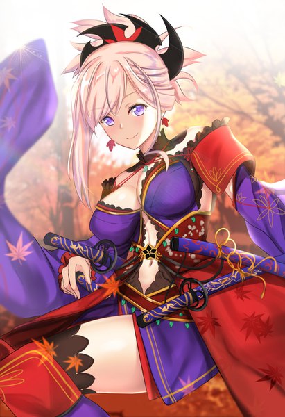 Anime picture 1032x1504 with fate (series) fate/grand order miyamoto musashi (fate) untue single long hair tall image looking at viewer fringe breasts light erotic smile large breasts purple eyes pink hair cleavage outdoors traditional clothes japanese clothes shaded face