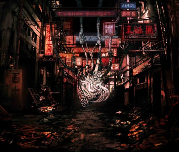 Anime picture 1499x1275 with original vocaloid toi (number8) city dark background scenic bottomless ruins cover cyberpunk album cover girl building (buildings) cable sign
