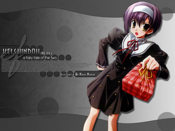 Anime picture 1600x1200 with ef shaft (studio) minori shindou kei nanao naru single looking at viewer blush fringe short hair open mouth hair between eyes signed yellow eyes purple hair wallpaper character names third-party edit double buttons girl