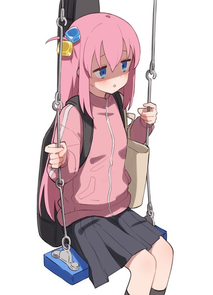Anime picture 1588x2197 with bocchi the rock! cloverworks gotou hitori yadon otaku single long hair tall image fringe blue eyes simple background hair between eyes white background sitting looking away pink hair one side up shaded face girl hair ornament bag