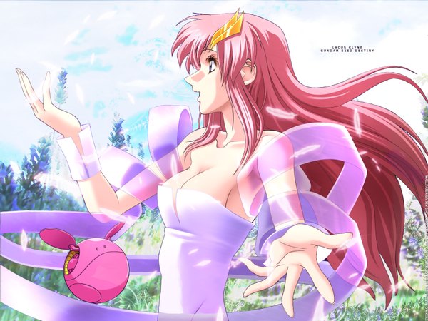 Anime picture 1600x1200 with mobile suit gundam gundam seed destiny sunrise (studio) lacus clyne haro aizawa kotarou long hair open mouth pink hair cleavage profile girl dress hair ornament hairclip feather (feathers) hpc