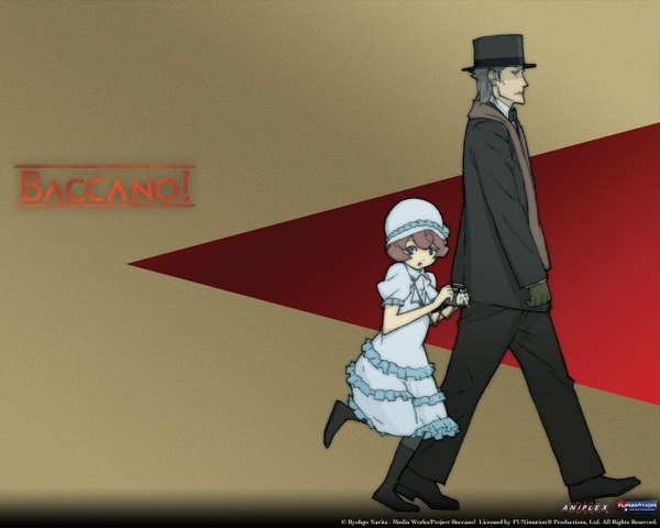 Anime picture 1280x1024 with baccano! short hair open mouth blue eyes brown hair profile grey hair walking curly hair dress gloves hat boots scarf suit child (children) blue dress camera top hat carole (baccano)