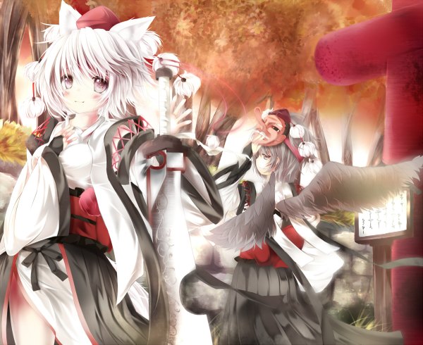 Anime picture 1200x981 with touhou shameimaru aya inubashiri momiji umagenzin blush short hair red eyes multiple girls animal ears white hair grey hair alternate costume mask on head kourindou tengu costume girl weapon 2 girls plant (plants) detached sleeves sword