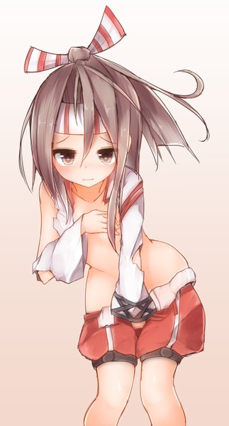 Anime-Bild 803x1491 mit kantai collection zuihou light aircraft carrier mizushina minato single long hair tall image looking at viewer blush light erotic brown hair torn clothes covering partial nude covering breasts covering crotch girl shorts headband