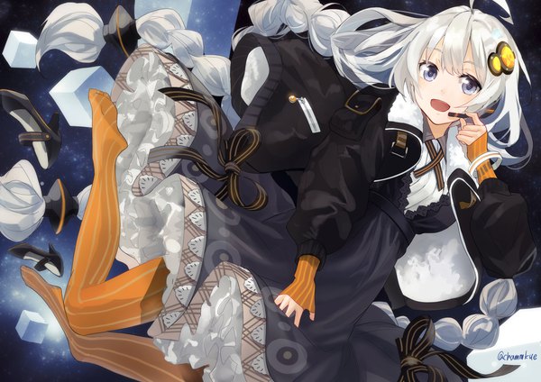 Anime picture 4093x2894 with vocaloid voiceroid kizuna akari chamu (chammkue) single looking at viewer highres open mouth blue eyes signed absurdres silver hair ahoge braid (braids) long sleeves very long hair :d no shoes twitter username twin braids