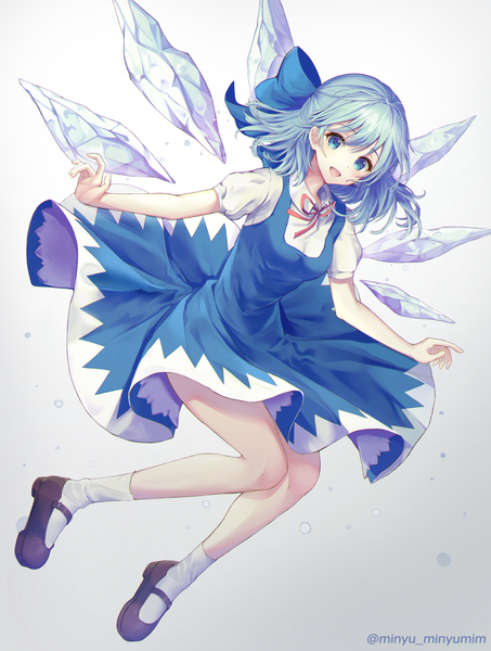 Anime picture 1300x1719 with touhou cirno minyumim single long hair tall image looking at viewer blush fringe open mouth blue eyes simple background smile hair between eyes blue hair full body bent knee (knees) :d puffy sleeves gradient background