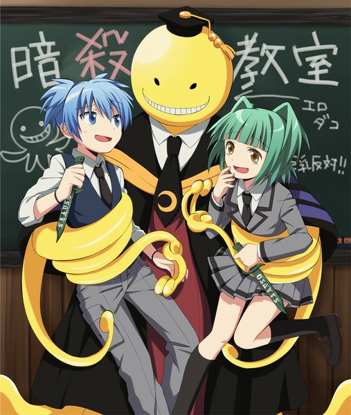 Anime picture 839x992 with ansatsu kyoushitsu shiota nagisa kayano kaede koro-sensei soranagi tall image short hair breasts open mouth blue eyes simple background smile holding yellow eyes blue hair looking away indoors parted lips pleated skirt green hair