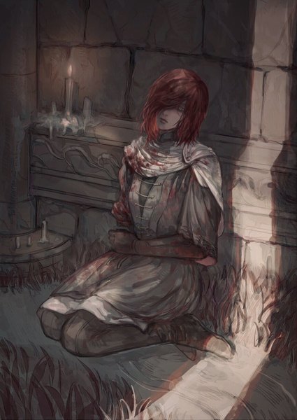 Anime picture 1032x1457 with elden ring millicent (elden ring) nira (nira box) single tall image looking at viewer fringe short hair sitting full body red hair hair over one eye bloody clothes white eyes girl blood candle (candles)