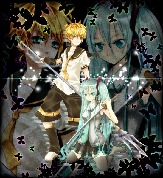 Anime picture 1203x1318 with vocaloid hatsune miku kagamine len tall image blonde hair twintails green eyes green hair couple girl thighhighs boy weapon sword necktie sailor suit