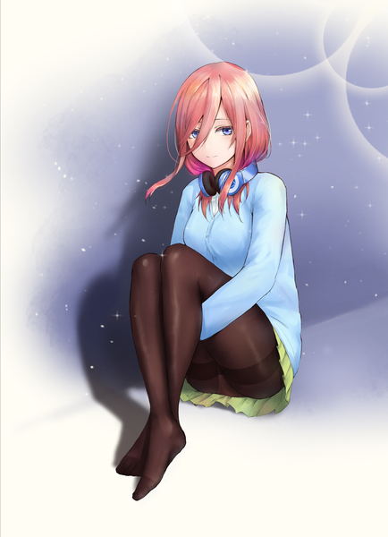 Anime picture 1257x1738 with go-toubun no hanayome nakano miku whale (artist) single long hair tall image looking at viewer fringe blue eyes light erotic hair between eyes sitting pink hair full body pleated skirt light smile no shoes gradient background headphones around neck leg hug