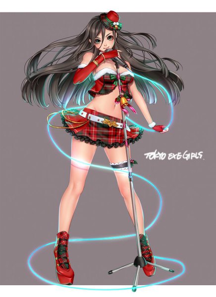 Anime picture 582x800 with tokyo exe girls masami chie single long hair tall image looking at viewer blush blue eyes light erotic black hair inscription bare belly midriff copyright name floating hair girl gloves navel hat shoes