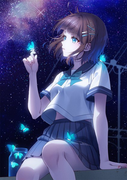 Anime picture 870x1230 with original unjem single tall image blush fringe short hair breasts blue eyes brown hair sitting looking away ahoge bent knee (knees) nail polish pleated skirt arm up wind night arm support
