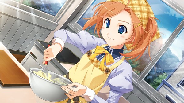Anime picture 1024x576 with yukiiro short hair blue eyes wide image game cg sunlight orange hair sunbeam cooking girl apron kitchen headscarf whisk