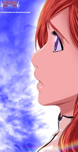 Anime picture 1125x2194 with bleach studio pierrot inoue orihime tempestdh single long hair tall image purple eyes sky cloud (clouds) profile orange hair inscription coloring close-up face girl
