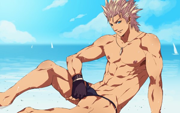 Anime picture 1000x625 with mazjojo single short hair open mouth blue eyes light erotic blonde hair wide image sitting sky cloud (clouds) nipples beach muscle sand boy sea fingerless gloves pendant swim briefs