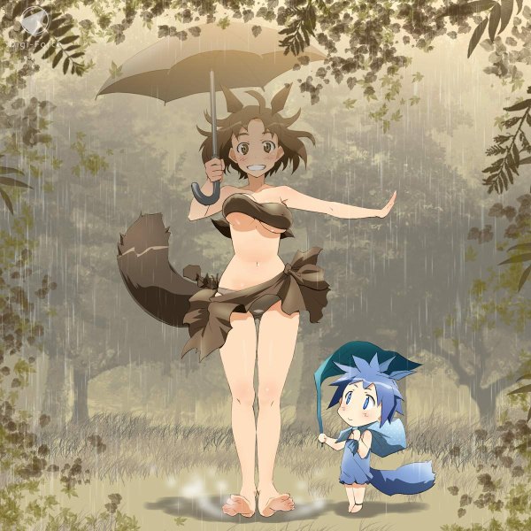 Anime picture 1200x1200 with tonari no totoro studio ghibli totoro kimura tatsuki breasts light erotic smile brown hair multiple girls brown eyes animal ears ahoge outdoors tail animal tail barefoot rain girl underwear panties