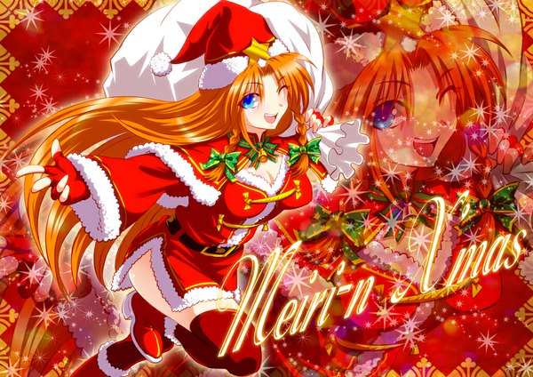 Anime picture 1023x723 with touhou hong meiling hijikawa arashi single long hair open mouth blue eyes braid (braids) one eye closed wink orange hair twin braids christmas zoom layer merry christmas girl gloves bow hair bow fingerless gloves