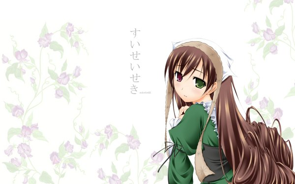 Anime picture 1680x1050 with rozen maiden suiseiseki single long hair brown hair wide image white background looking back from behind inscription heterochromia drill hair hieroglyph girl flower (flowers) bonnet