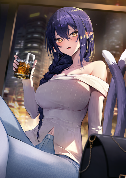 Anime picture 4000x5657 with original kuro (rudyan0128) single long hair tall image looking at viewer blush fringe highres breasts open mouth smile hair between eyes large breasts sitting bare shoulders holding yellow eyes payot blue hair