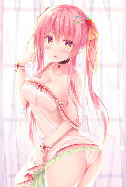 Anime picture 1300x1920 with original suzukawa yui single long hair tall image looking at viewer blush fringe breasts open mouth light erotic hair between eyes large breasts twintails yellow eyes payot pink hair cleavage ass indoors