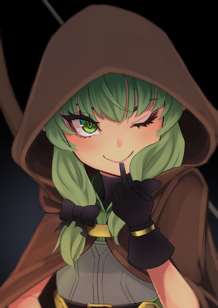 Anime picture 724x1023 with goblin slayer! high elf archer (goblin slayer!) atatatamu single long hair tall image looking at viewer blush fringe simple background smile standing green eyes payot upper body one eye closed green hair wink gradient background finger to mouth