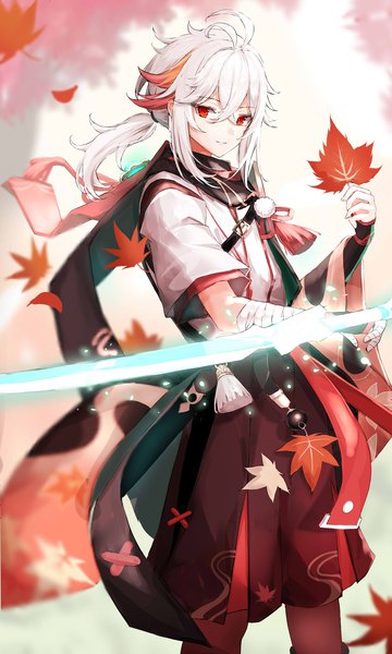 Anime picture 1229x2048 with genshin impact kaedehara kazuha arane (lolitwin) single long hair tall image looking at viewer fringe hair between eyes red eyes standing holding ahoge white hair low ponytail boy weapon sword leaf (leaves) maple leaf