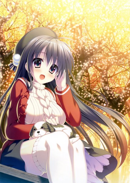 Anime picture 2347x3300 with original eshi 100-nin ten yuzuna hiyo single long hair tall image looking at viewer blush highres open mouth red eyes sitting grey hair scan official art girl thighhighs skirt plant (plants) animal