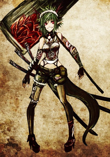 Anime picture 1200x1704 with original akasia single tall image short hair smile red eyes bare shoulders tail green hair pointy ears brown background girl hair ornament sword shorts hairclip fingerless gloves katana huge weapon