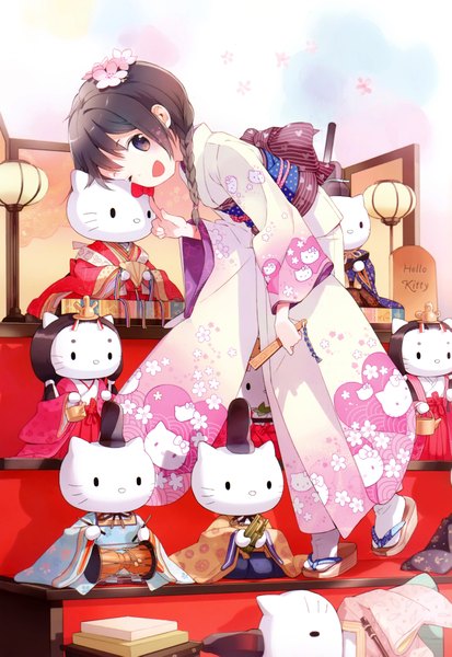 Anime picture 3037x4407 with hello kitty sanrio tiv single long hair tall image highres short hair brown hair absurdres braid (braids) traditional clothes japanese clothes one eye closed hair flower wink animal print hinamatsuri (festival) girl hair ornament