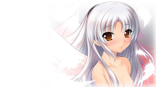 Anime picture 1920x1080 with angel beats! key (studio) tachibana kanade saxasa kisuk single long hair looking at viewer blush highres light erotic wide image brown eyes white hair nude girl wings feather (feathers)
