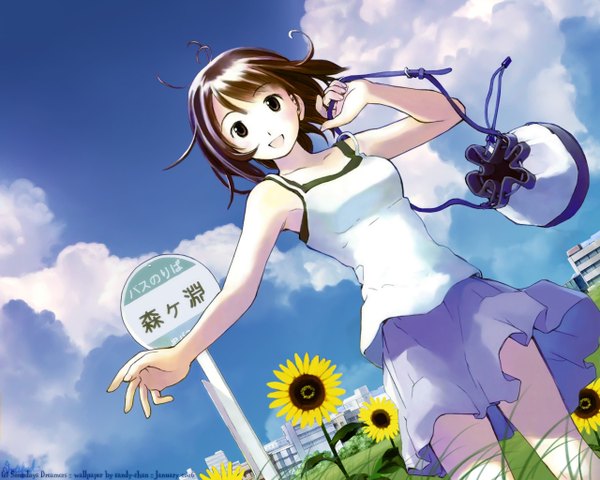 Anime picture 1280x1024 with mahou tsukai ni taisetsu na koto j.c. staff kikuchi yume candy-chan yoshizuki kumichi single short hair open mouth smile brown hair brown eyes signed looking away sky cloud (clouds) wind wallpaper third-party edit scenic girl