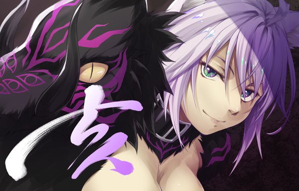 Anime picture 2500x1600 with fate (series) fate/grand order atalanta (fate) atalanta (alter) (fate) mukunokino isshiki single long hair looking at viewer fringe highres breasts light erotic simple background smile hair between eyes green eyes animal ears payot purple hair upper body
