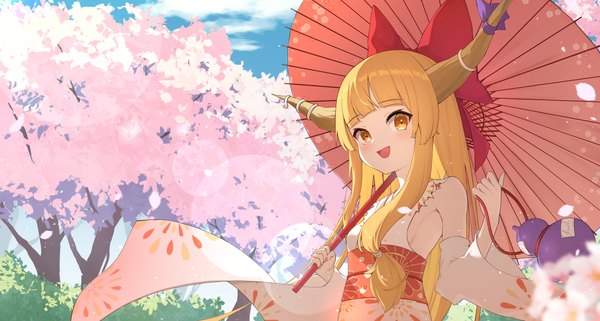 Anime picture 3957x2114 with touhou ibuki suika oeyama single long hair looking at viewer blush fringe highres open mouth blonde hair smile wide image standing holding yellow eyes absurdres outdoors blunt bangs traditional clothes