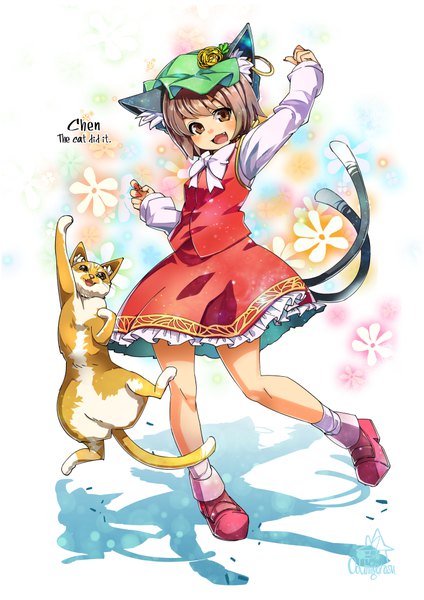Anime picture 707x1000 with touhou chen umigarasu (kitsune1963) single tall image looking at viewer blush fringe short hair open mouth simple background brown hair standing white background brown eyes signed animal ears full body tail long sleeves