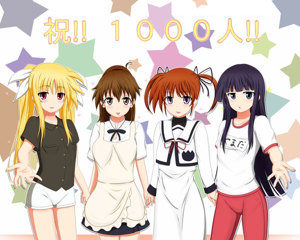 Anime picture 1820x1456 with mahou shoujo lyrical nanoha working!! a-1 pictures fate testarossa takamachi nanoha yamada aoi taneshima popura tom-ani (artist) long hair blush highres short hair black hair blonde hair red eyes purple eyes multiple girls brown eyes orange hair girl