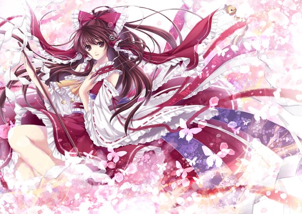 Anime picture 1274x906 with touhou hakurei reimu hagiwara rin single long hair brown hair brown eyes miko girl bow ribbon (ribbons) hair bow detached sleeves petals insect butterfly bell