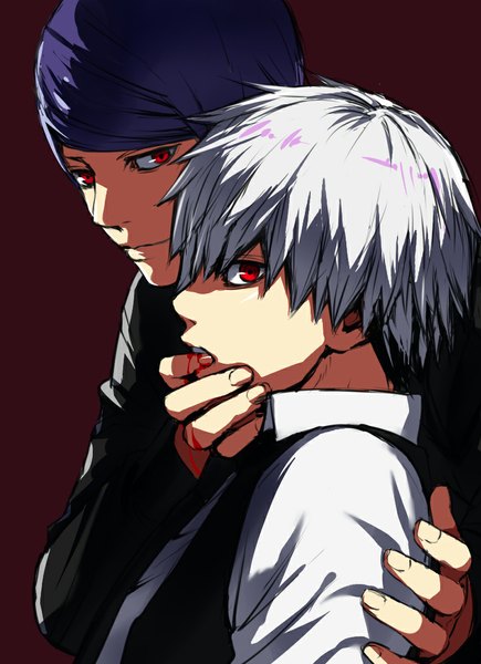 Anime picture 790x1090 with tokyo ghoul studio pierrot kaneki ken tsukiyama shuu shiromi (ringo) tall image looking at viewer fringe short hair smile red eyes silver hair purple hair fingernails multiple boys teeth finger to mouth spiked hair bleeding boy