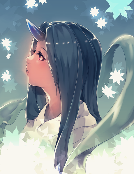 Anime picture 1150x1500 with original maido mido single long hair tall image red eyes blue hair looking away profile horn (horns) lips portrait oni horns girl flower (flowers)