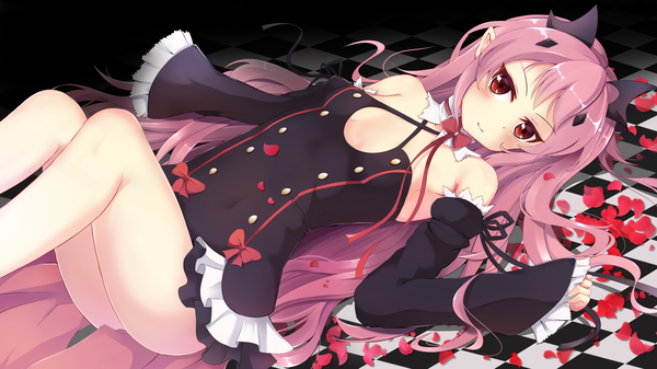 Anime picture 1920x1080 with owari no seraph wit studio kururu tepes mia (kuja999) single long hair looking at viewer blush fringe highres light erotic smile red eyes wide image bare shoulders pink hair bent knee (knees) lying pointy ears wide sleeves